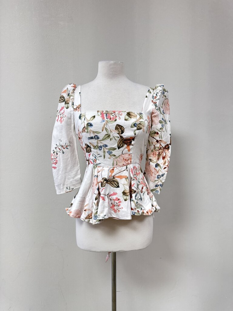 Cara Cara White Floral Puff Sleeve Linen Top