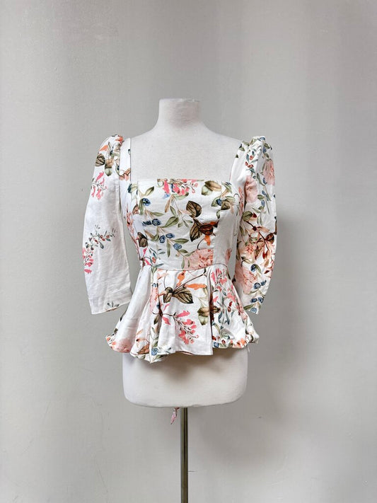 Cara Cara White Floral Puff Sleeve Linen Top