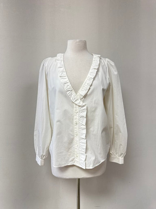 Sezane White Ruffle Button Up