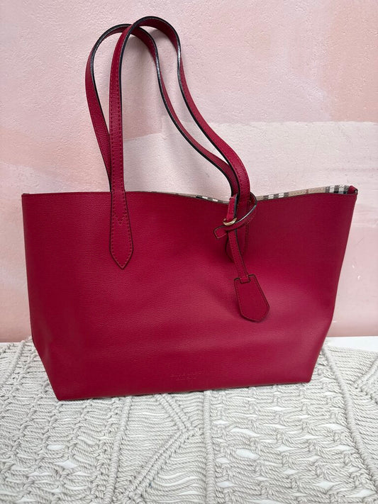 Burberry Red Leather Haymarket Tote
