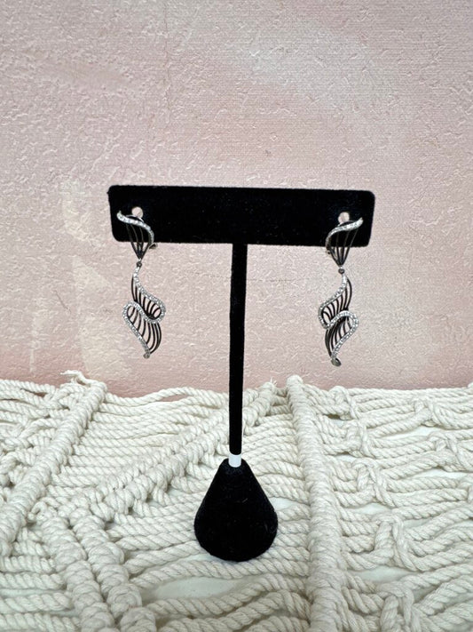 14k White/Black Gold Pave Diamond Swirl Omega Drop Earring