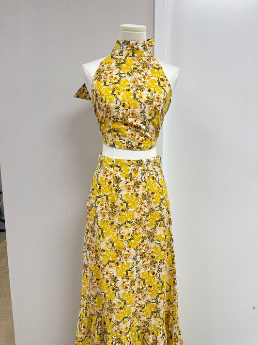 Something Navy Yellow Floral Linen Halter Top and Maxi Skirt Set