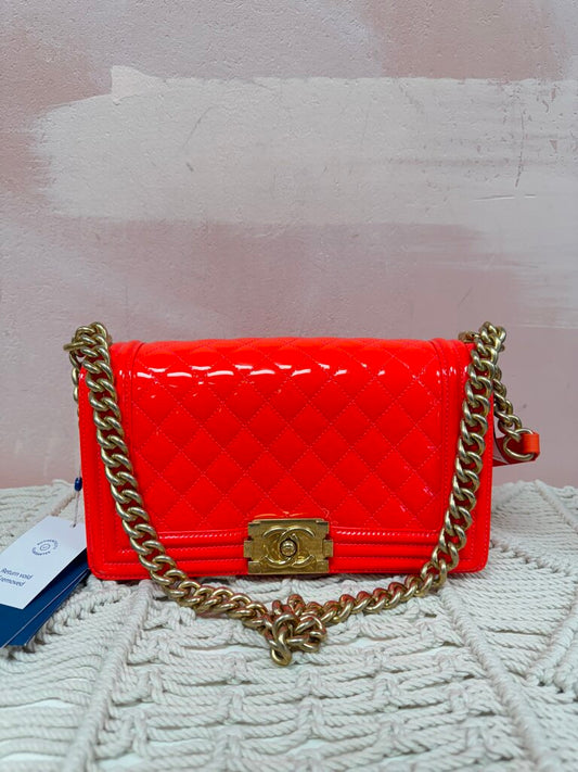 Chanel Orange Fluo Quilted Patent Medium Boy Bag '15-16