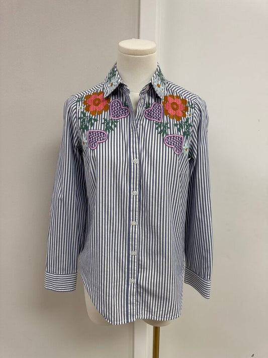 Maeve Striped Embroidered Button Up Top