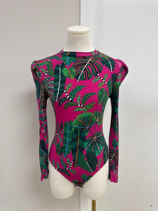 Farm Rio Pink Palm Ribbed Bodysuit