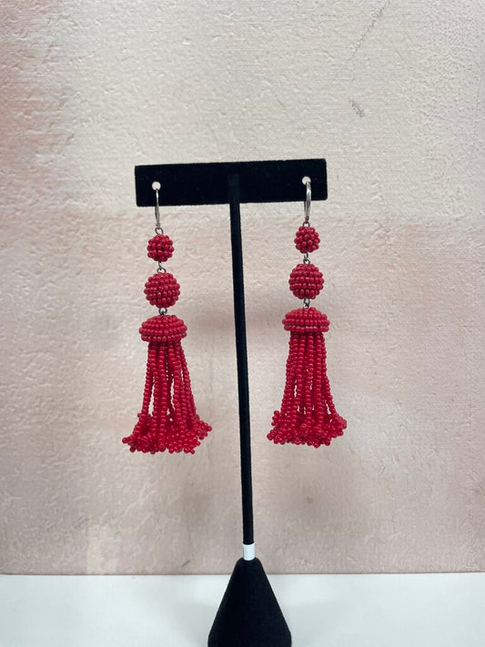 Celine Red Beaded Tassel Chandelier Earrings