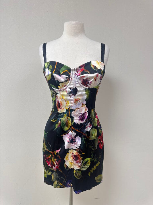 Dolce & Gabbana Black Floral Corset Silk Dress