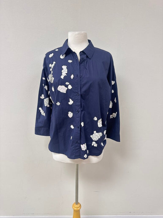 Vilagallo Blue Sequin Floral Button Up