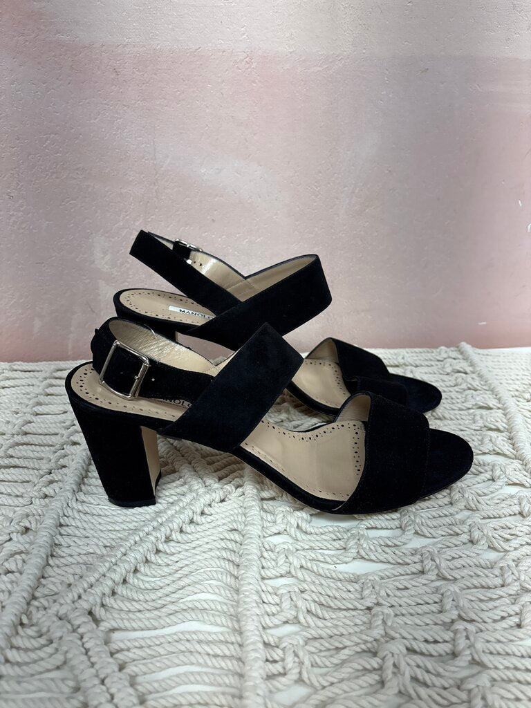 Manolo Black Suede Block Heel Sandal