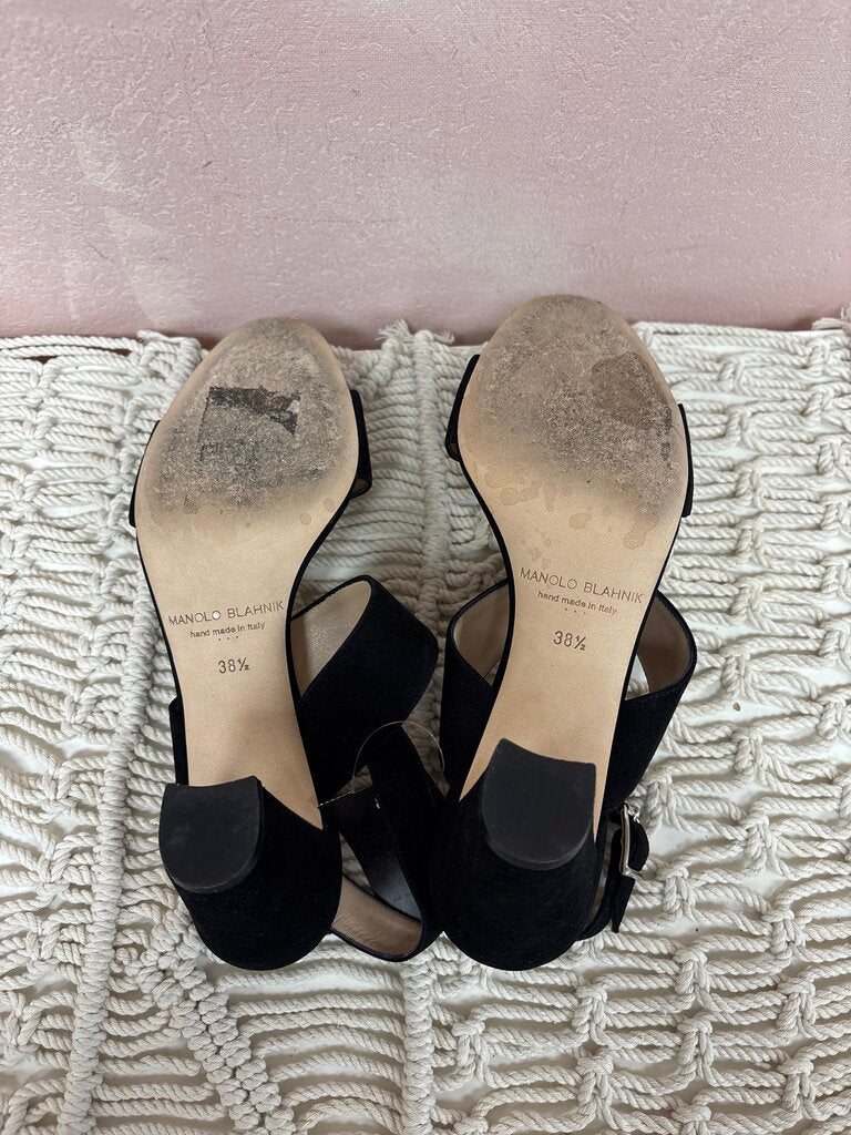 Manolo Black Suede Block Heel Sandal