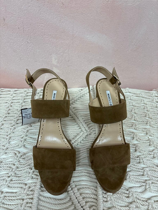 Manolo Taupe Suede Block Heel Sandal