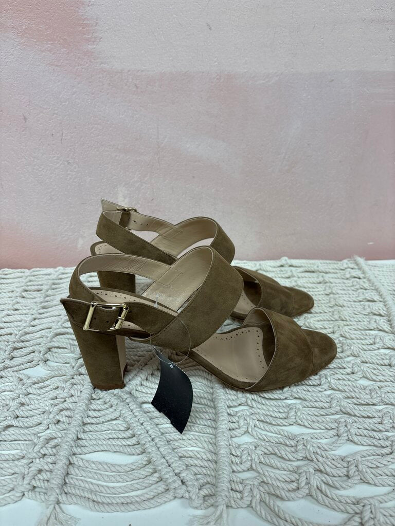 Manolo Taupe Suede Block Heel Sandal