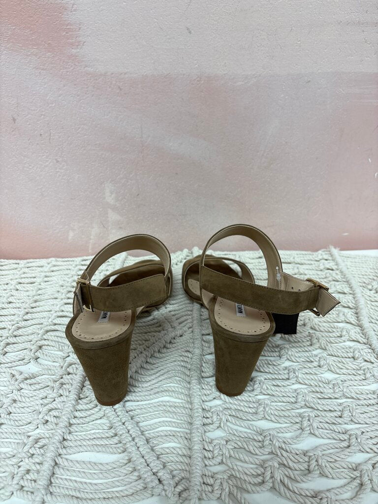 Manolo Taupe Suede Block Heel Sandal