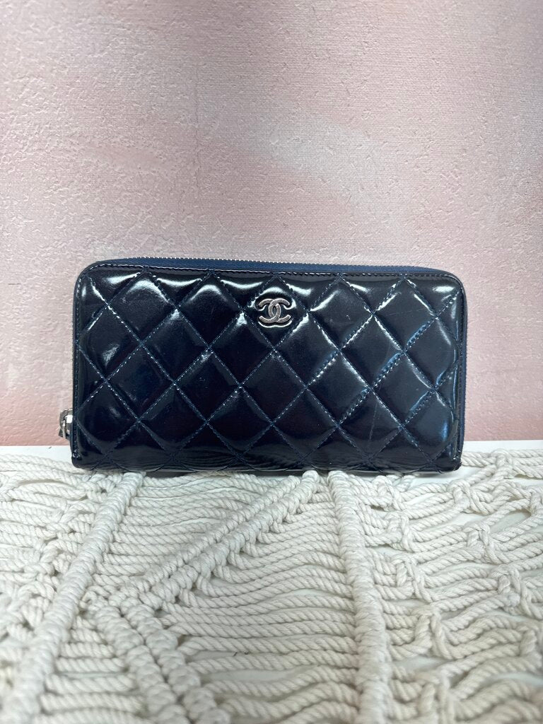 Chanel Blue Patent Quilted Zip Around Wallet '13-14