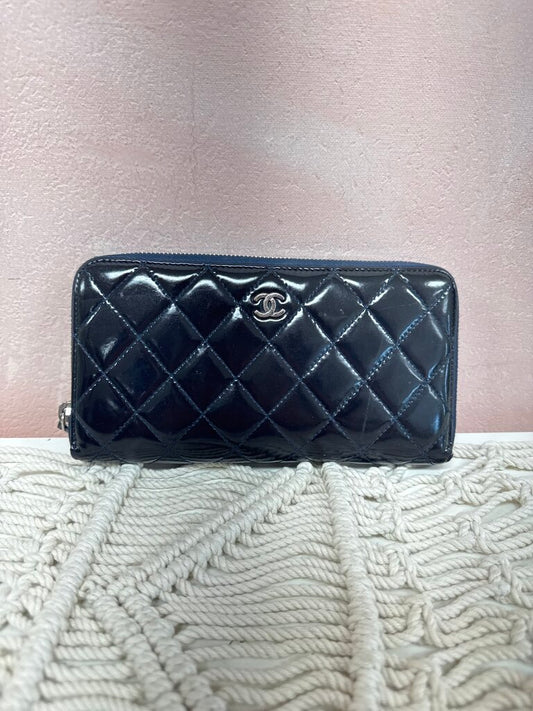 Chanel Blue Patent Quilted Zip Around Wallet '13-14