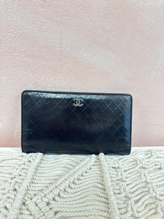 Chanel Black Embossed Quilted Long Flap Wallet