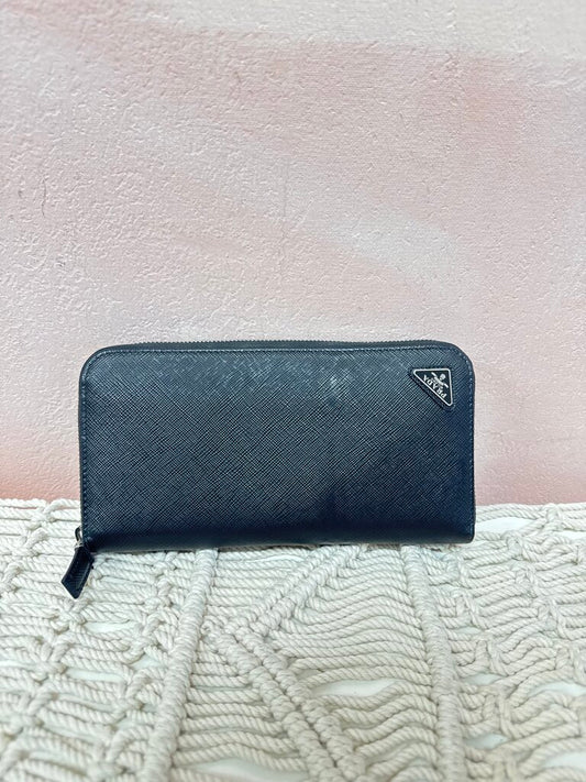 Prada Black Saffiano Triangle Zip Around Continental Wallet