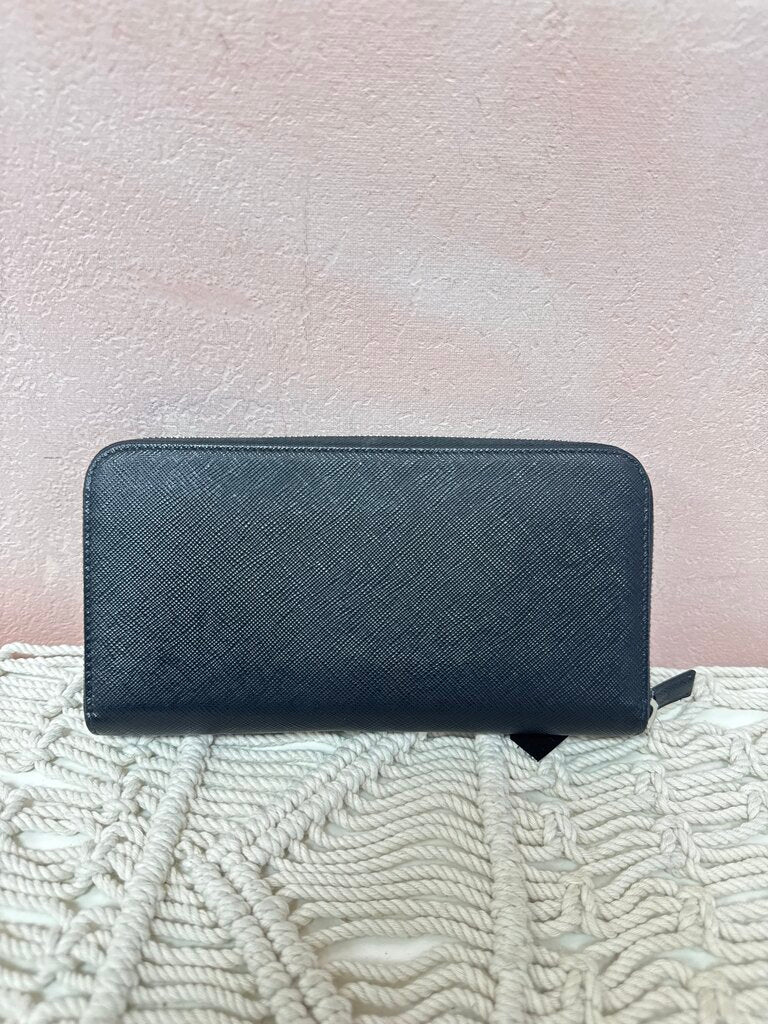 Prada Black Saffiano Triangle Zip Around Continental Wallet