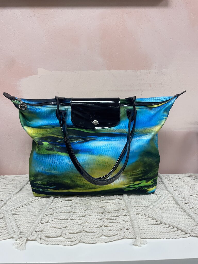 Longchamp Green and Blue Watercolor Le Pliage Neoprene Tote and Pouch