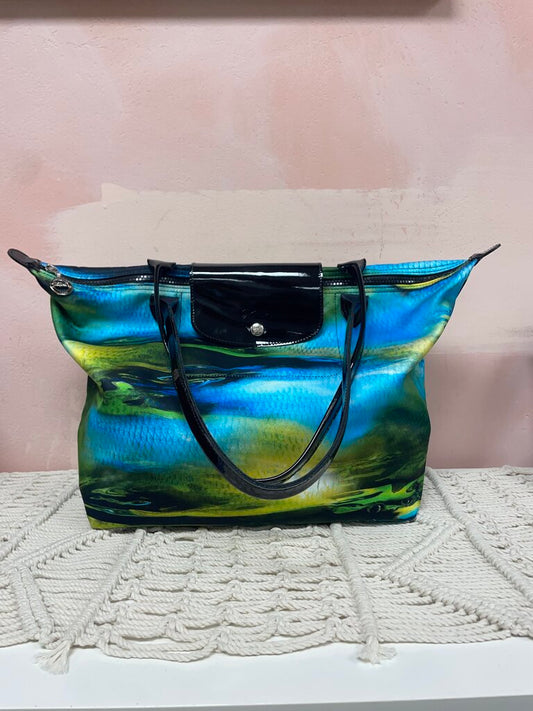Longchamp Green and Blue Watercolor Le Pliage Neoprene Tote and Pouch