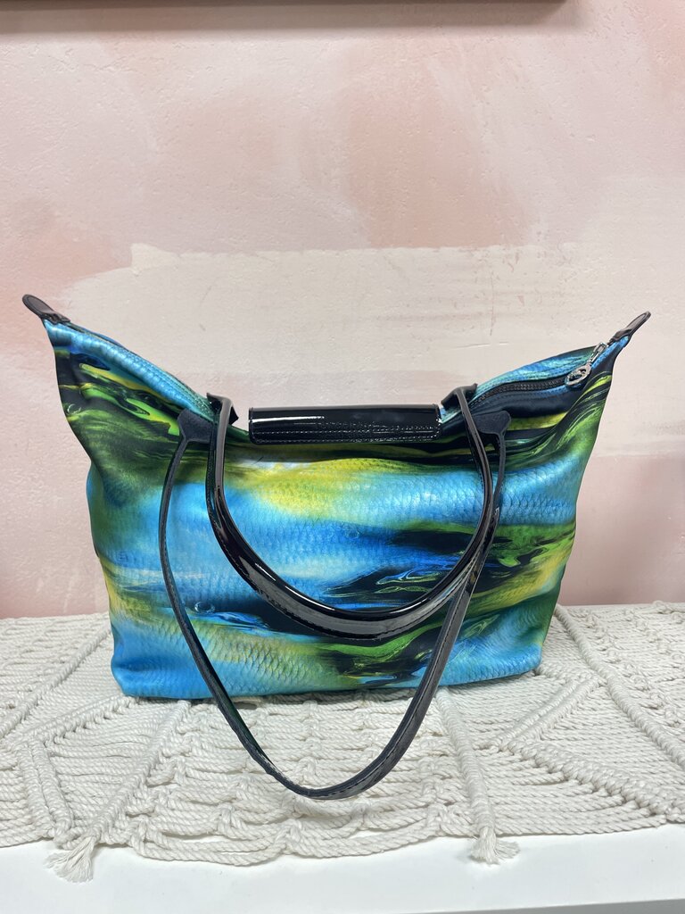 Longchamp Green and Blue Watercolor Le Pliage Neoprene Tote and Pouch