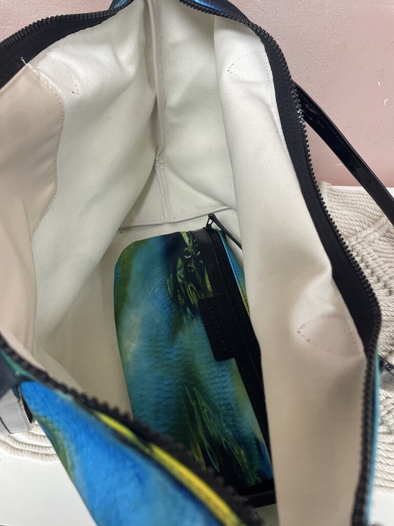 Longchamp Green and Blue Watercolor Le Pliage Neoprene Tote and Pouch