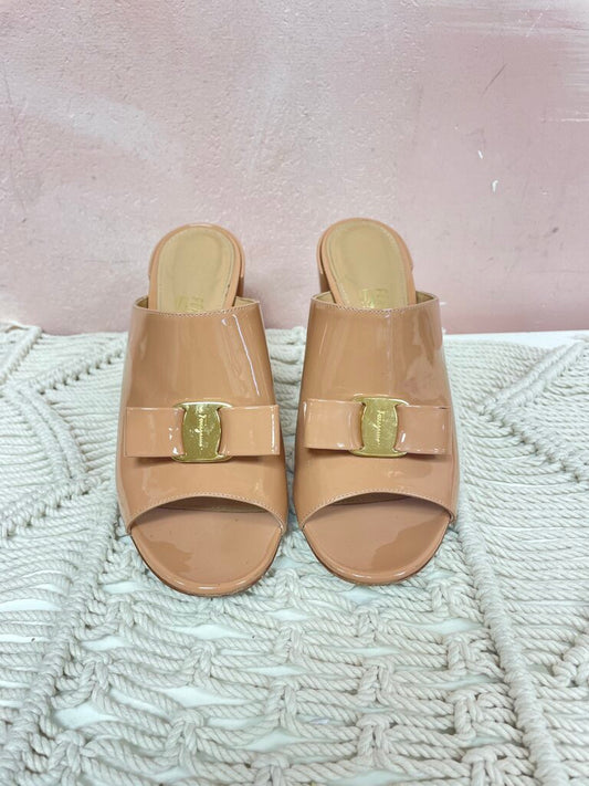 Ferragamo Nude Patent Block Heel Mule