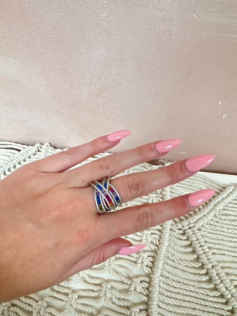 Ross Simons Multi Color CZ Sterling Crossover Ring