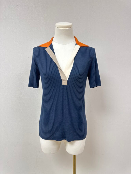 Akris Blue Ribbed Knit Polo