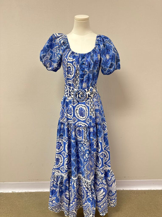 Farm Rio Blue Floral Print Belted Maxi Dress NWT