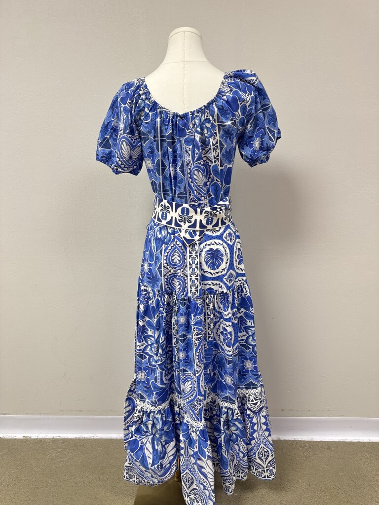 Farm Rio Blue Floral Print Belted Maxi Dress NWT