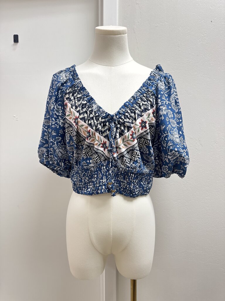 Joie Blue Floral Cropped Puff Sleeve Top