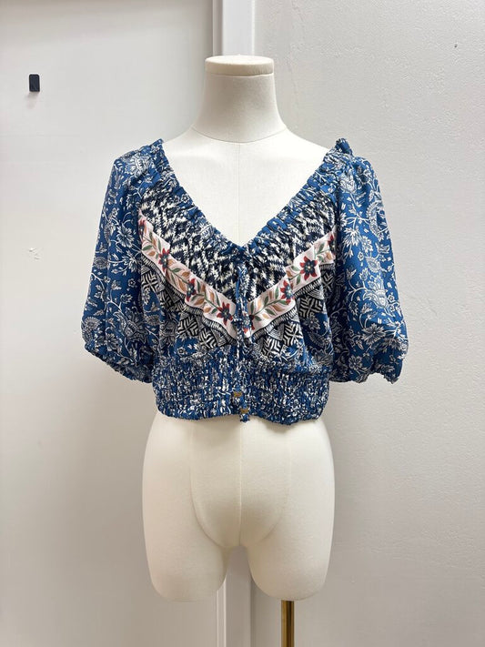 Joie Blue Floral Cropped Puff Sleeve Top