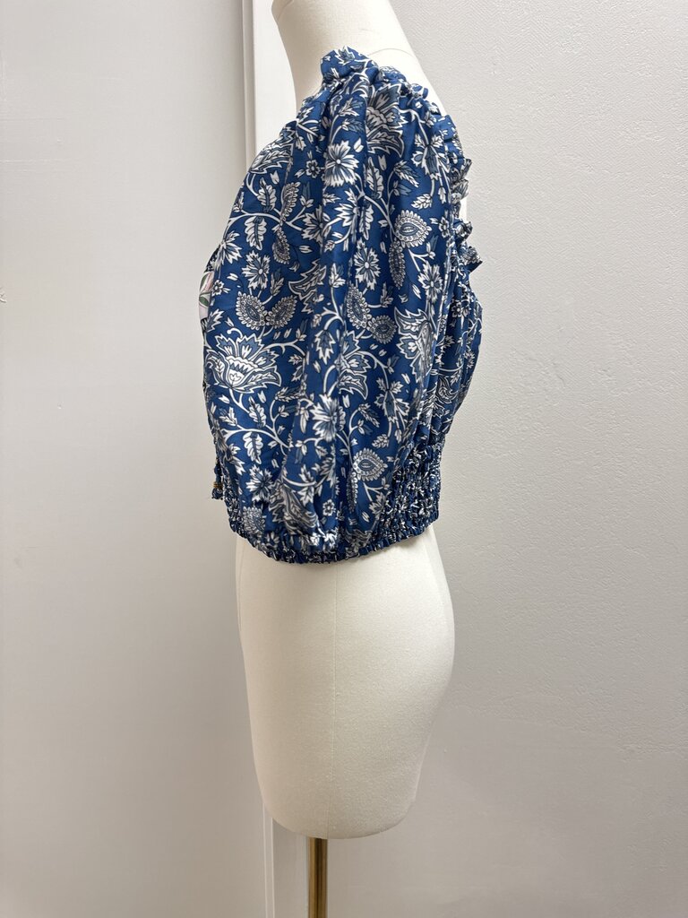Joie Blue Floral Cropped Puff Sleeve Top