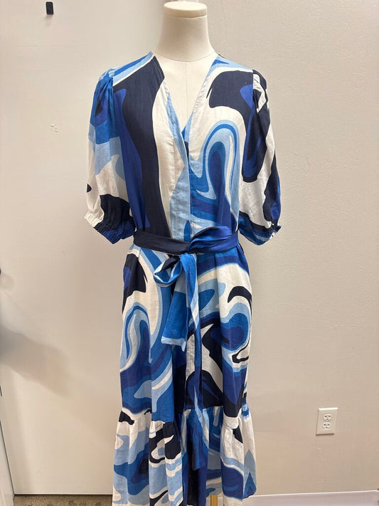 Galeria Blue Swirl Linen Belted Dress NWT