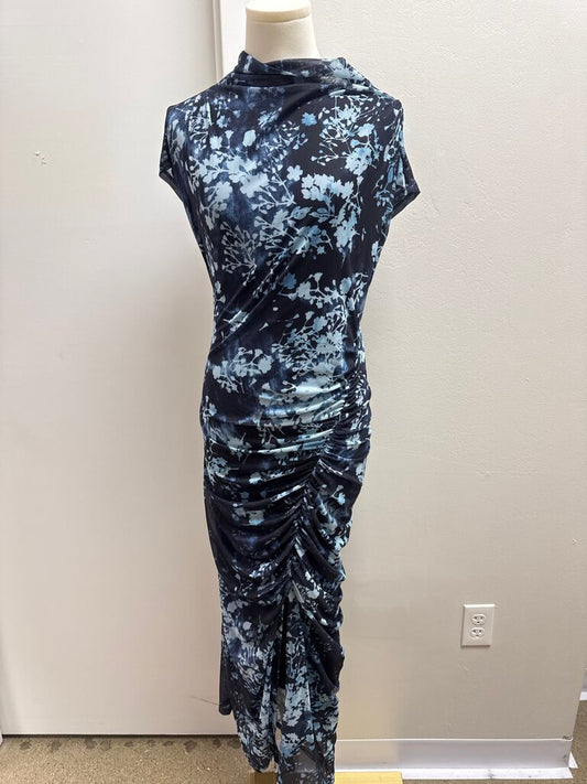 Anthropologie Blue Floral Mesh Cowl Neck Maxi Dress