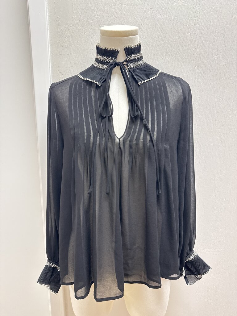 Sandro Black Sheer Pleated Collar Blouse