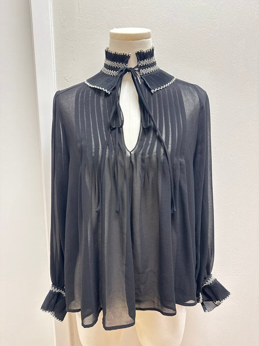 Sandro Black Sheer Pleated Collar Blouse
