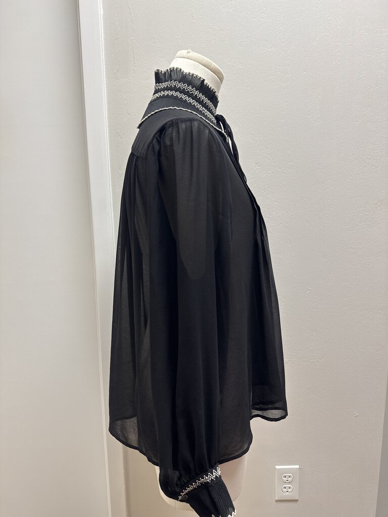 Sandro Black Sheer Pleated Collar Blouse