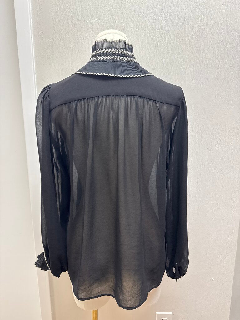 Sandro Black Sheer Pleated Collar Blouse
