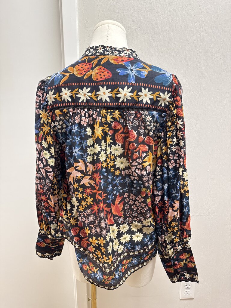 Farm Rio Black Strawberry Print Blouse NWT