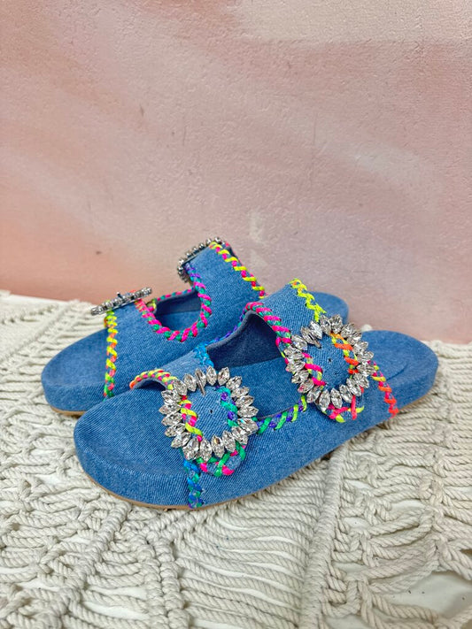 Mystique Denim and Rhinestone Buckle Sandal