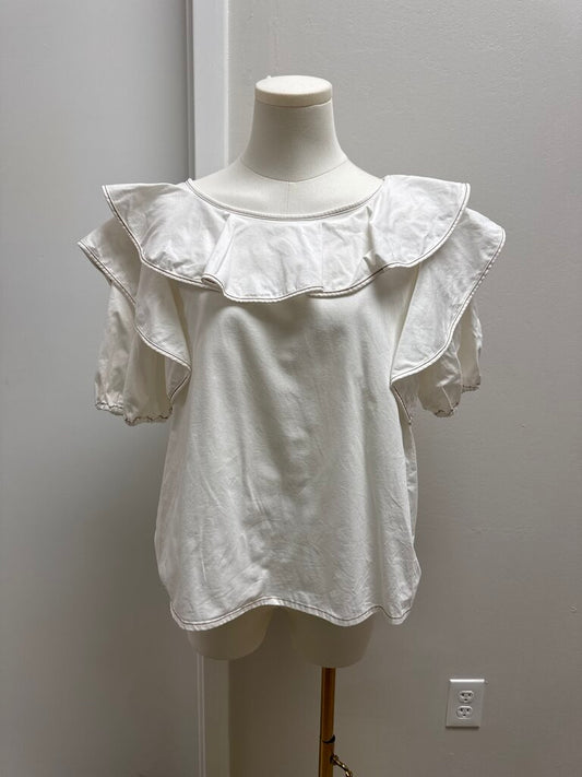 Something Navy White Piped Stitched Ruffle Blouse
