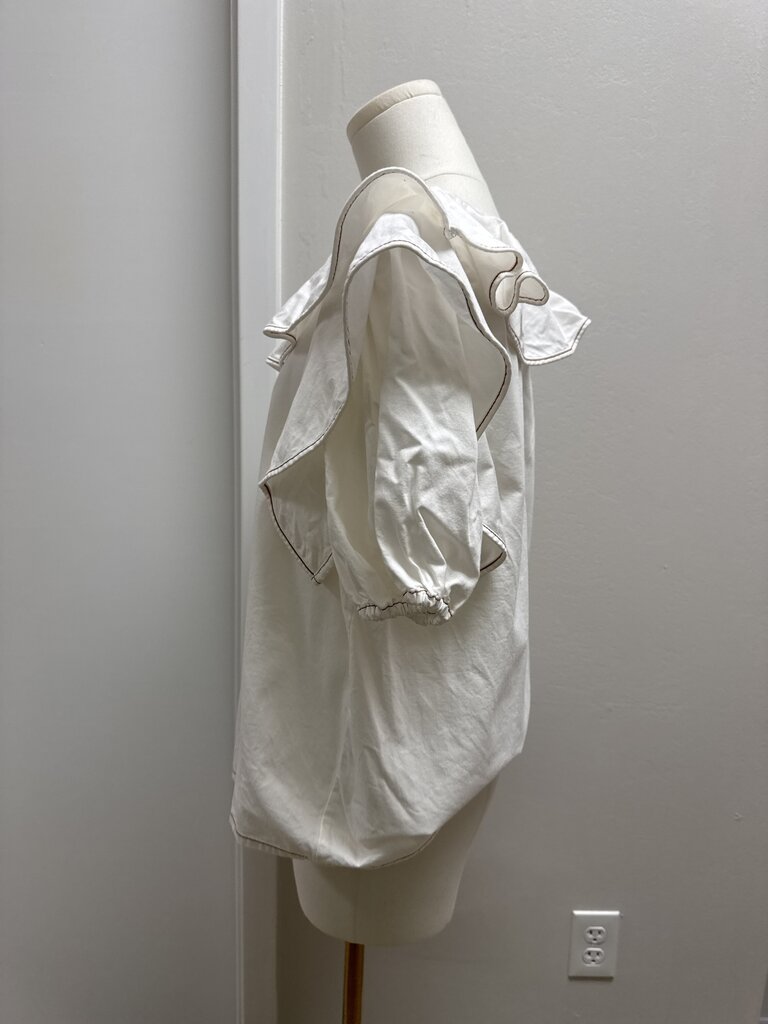 Something Navy White Piped Stitched Ruffle Blouse