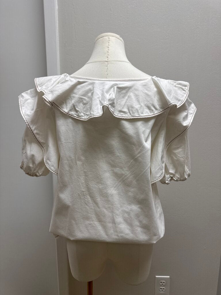 Something Navy White Piped Stitched Ruffle Blouse