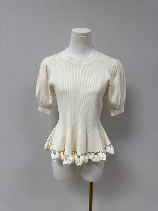 Ulla Johnson Ivory Ribbed Puff Sleeve Top