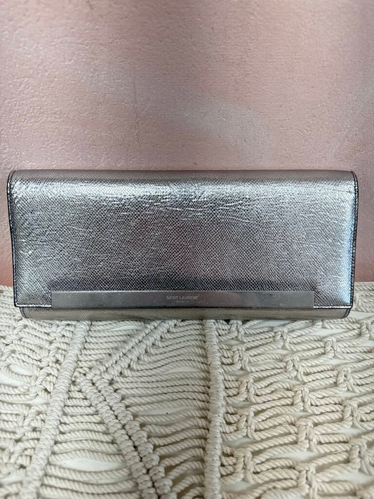 Saint Laurent Silver Leather Embossed Clutch