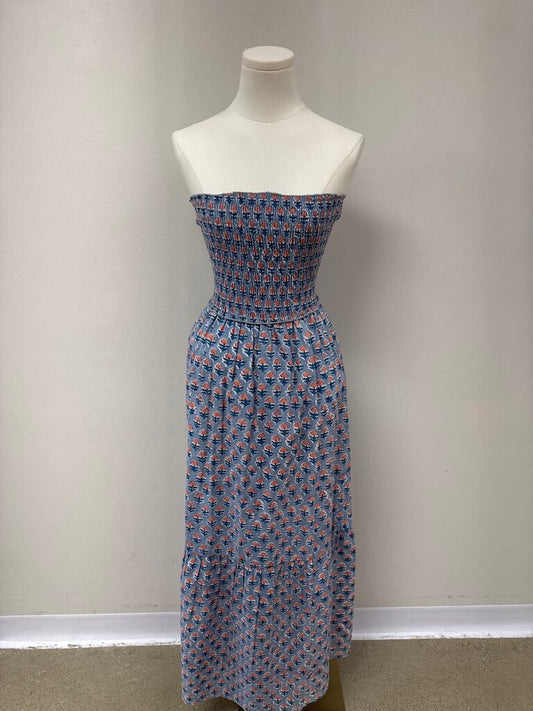 Perry Walker Slate Blue Printed Strapless Hankerchief Dress