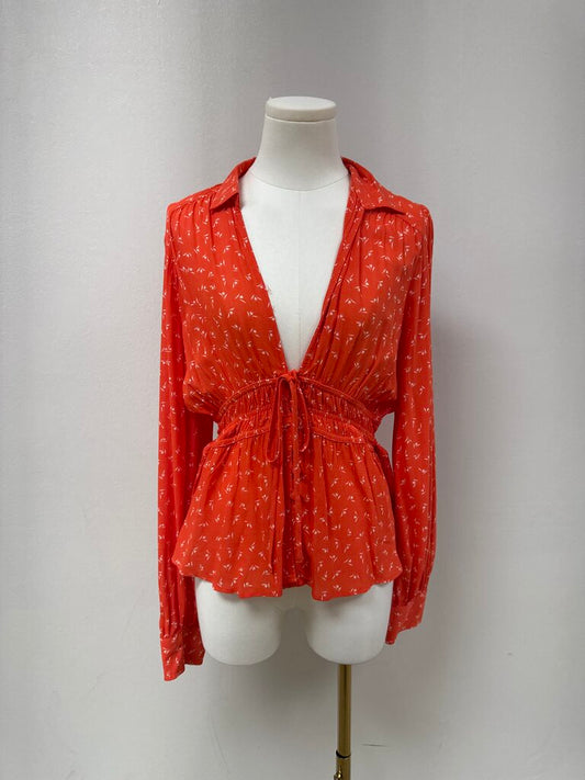 Free People Orange Floral Print Blouse NWT