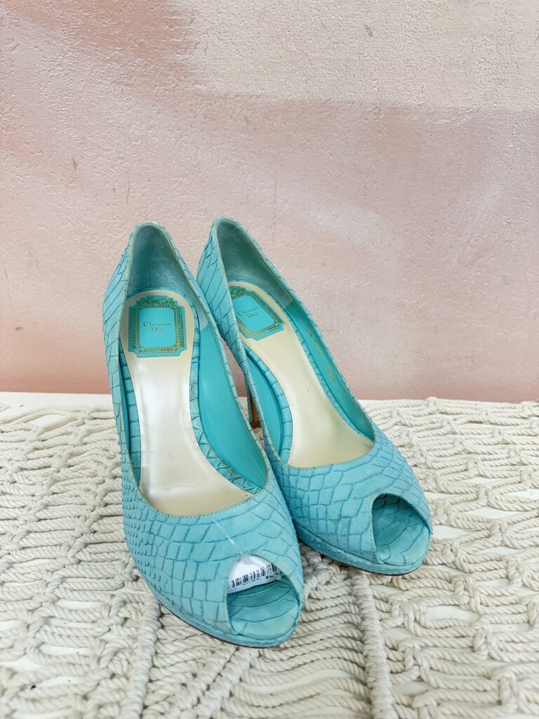 Dior Turquoise Python Embossed Peep Toe Pump